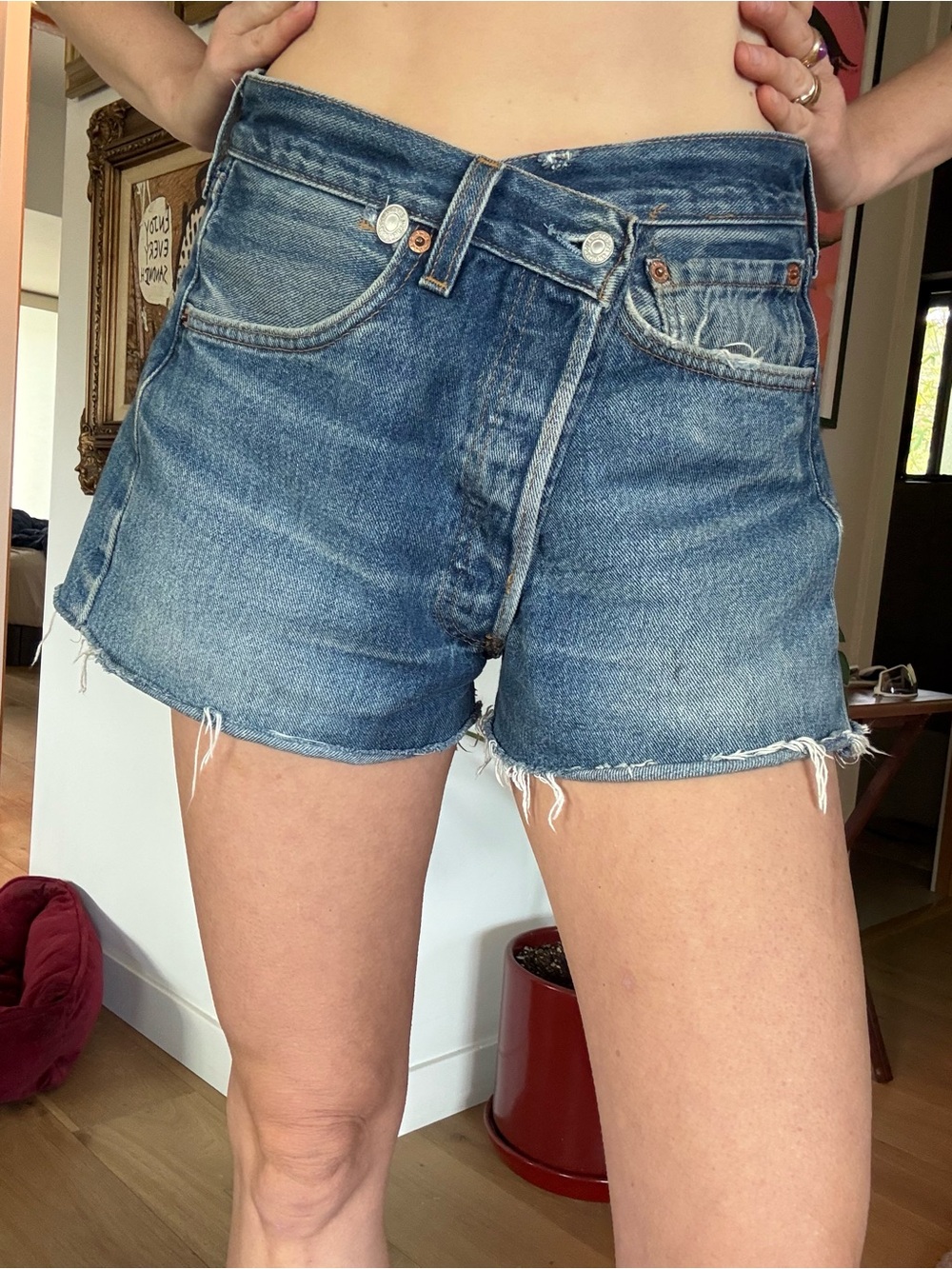 Classic High-Rise Denim Shorts with Fun Button. Size S